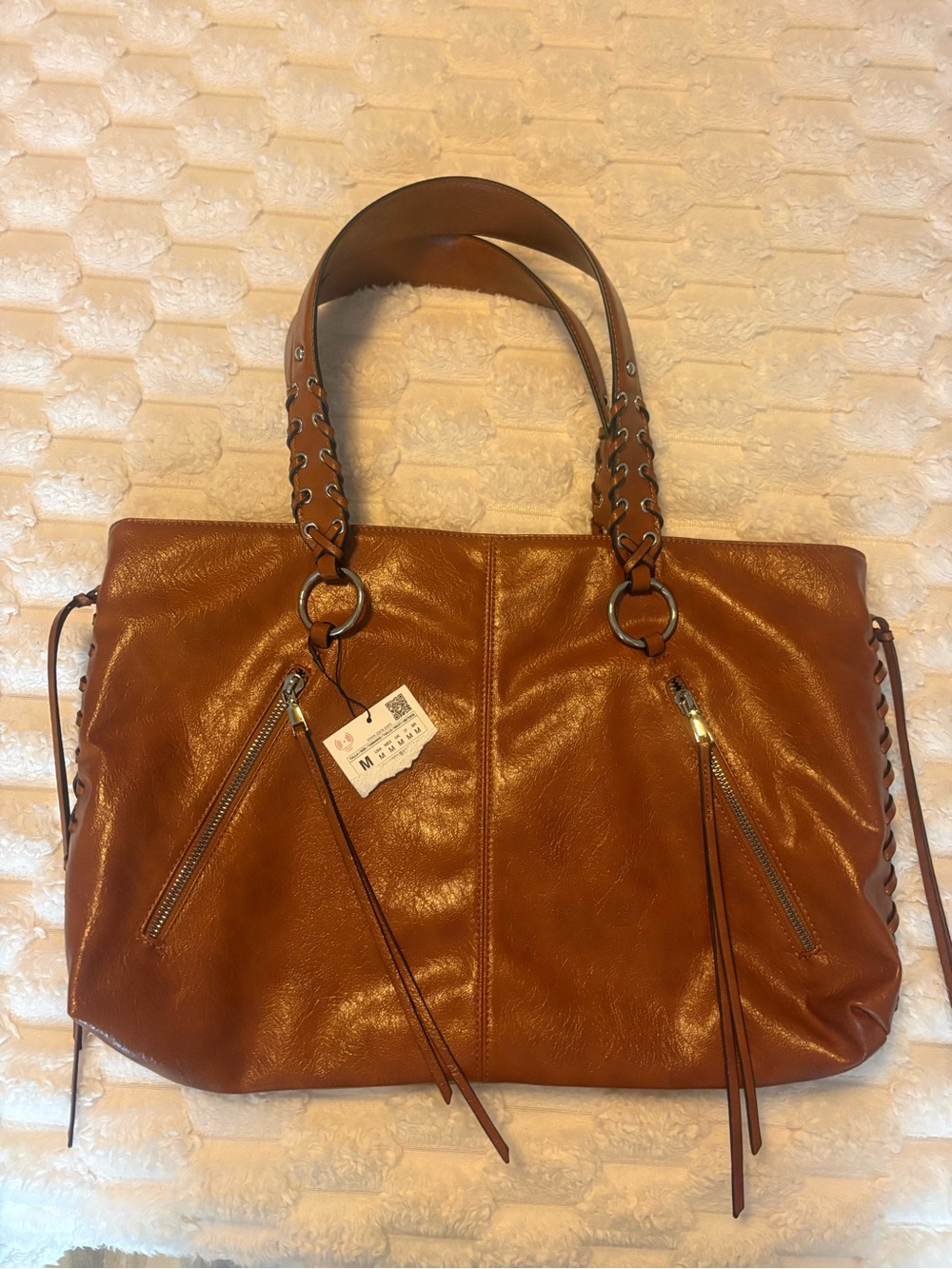 Zara Tan Brown Leather Tote with Ring-Detail Handles